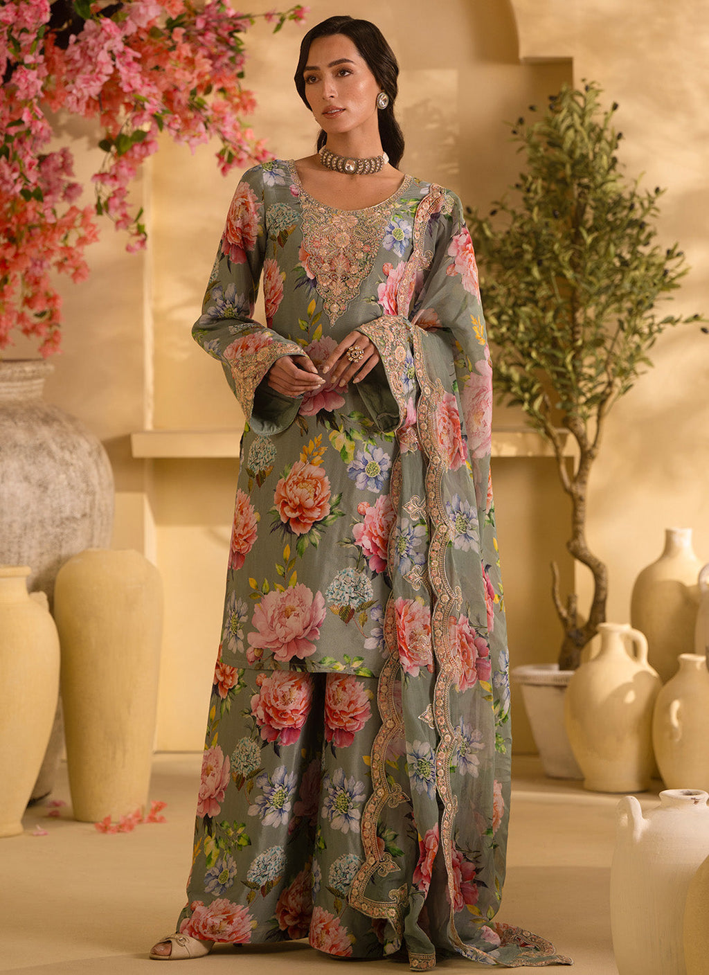 Dusty Mint Floral Embroidered Satin Georgette Palazzo Suit