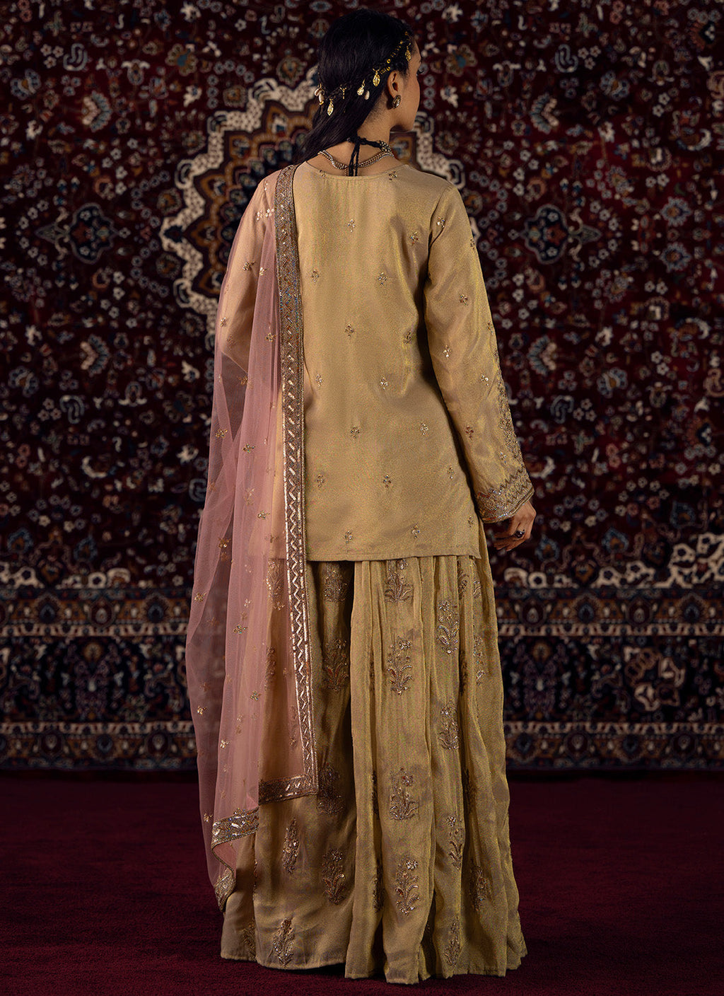 Gold and Soft Pink Embroidered Tissue Gharara Suit