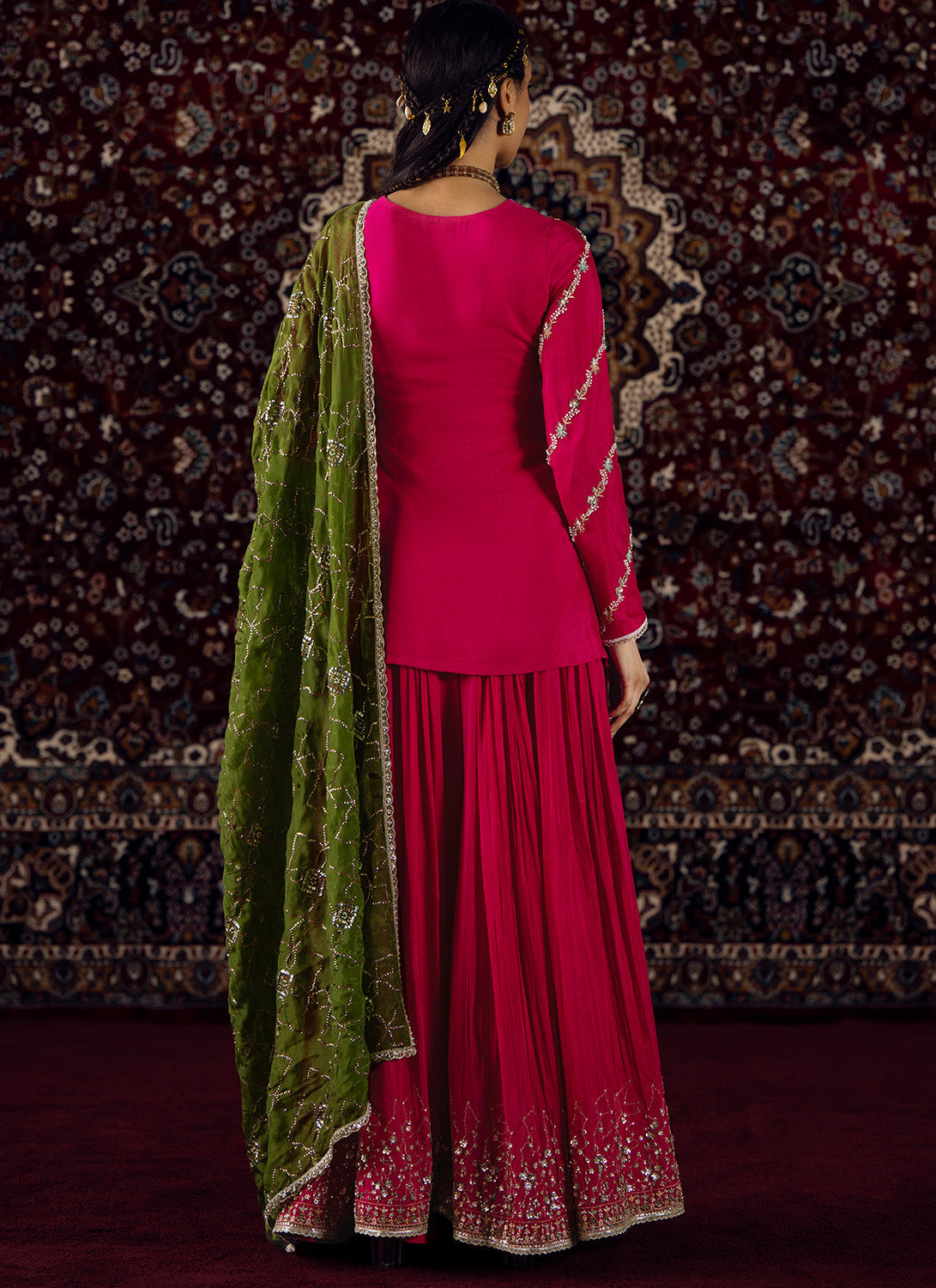 Pink and Mehendi Green Embroidered Viscose Crepe Sharara