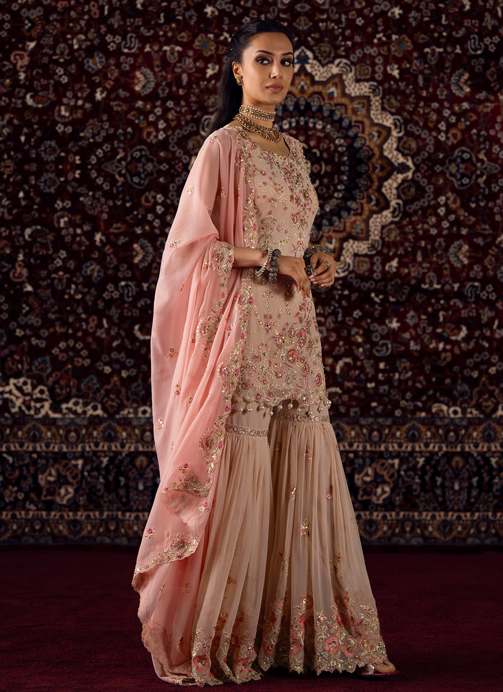 Nude and Pink Embroidered Georgette Gharara