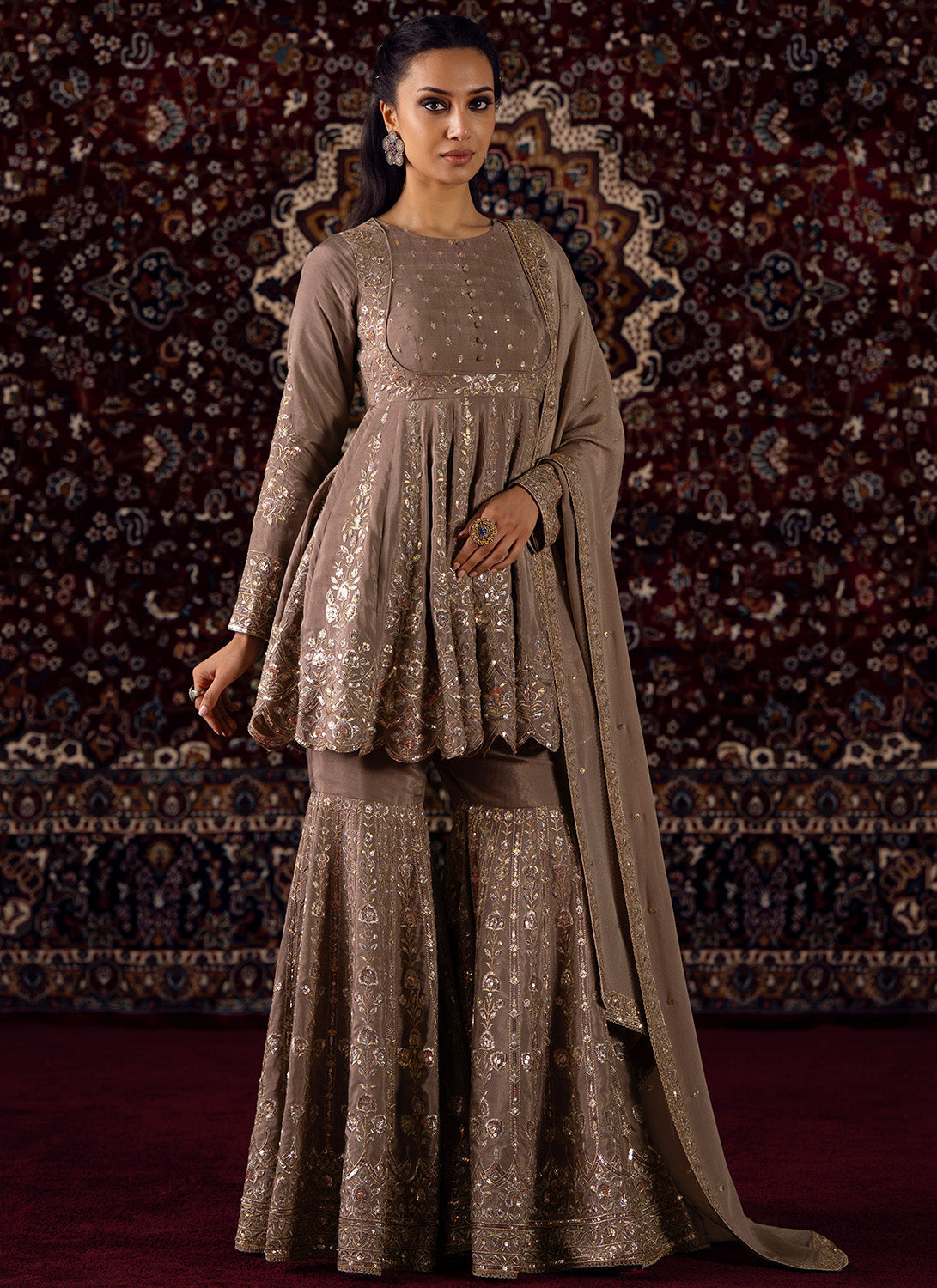 Dusty Taupe Embroidered Chinon Gharara Suit