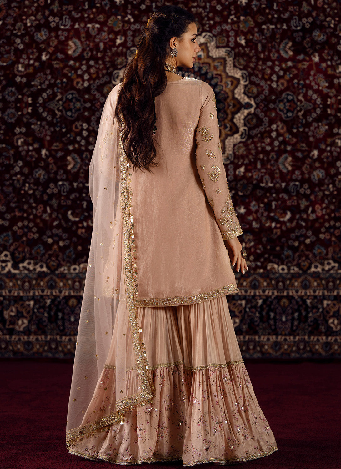 Peach Embroidered Satin Sharara Suit