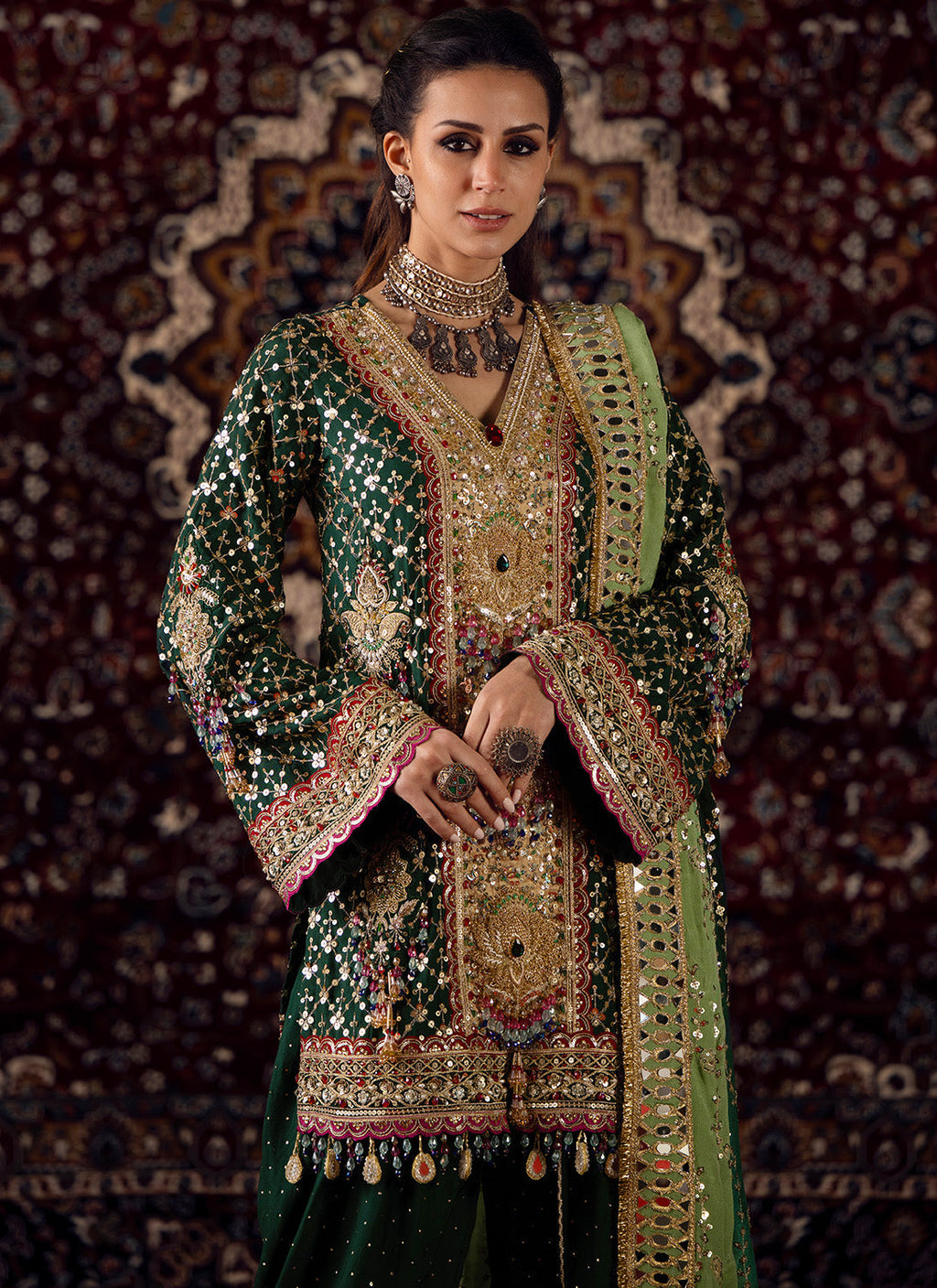 Emerald Green Embroidered Silk Punjabi Suit