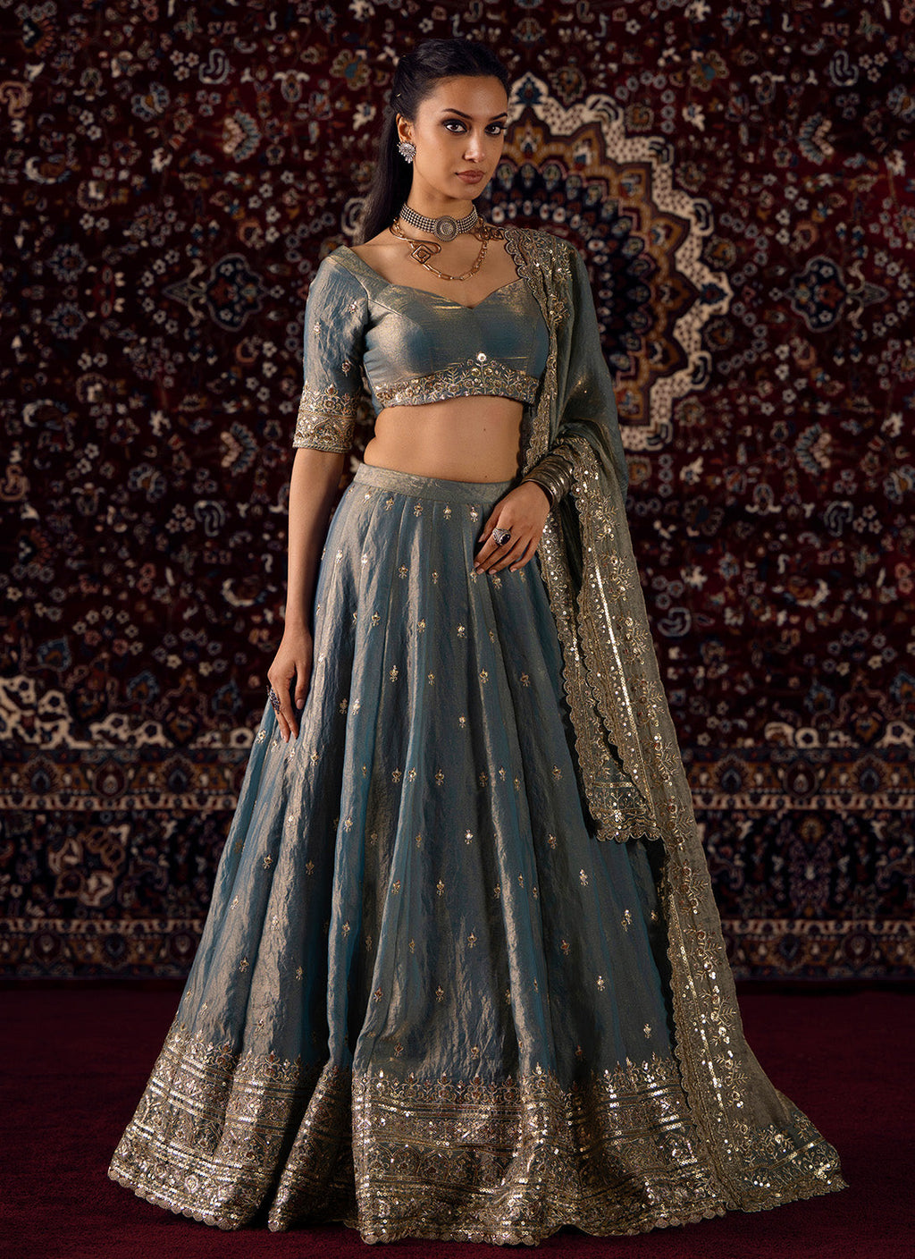 Dusty Blue Embroidered Satin Silk Lehenga