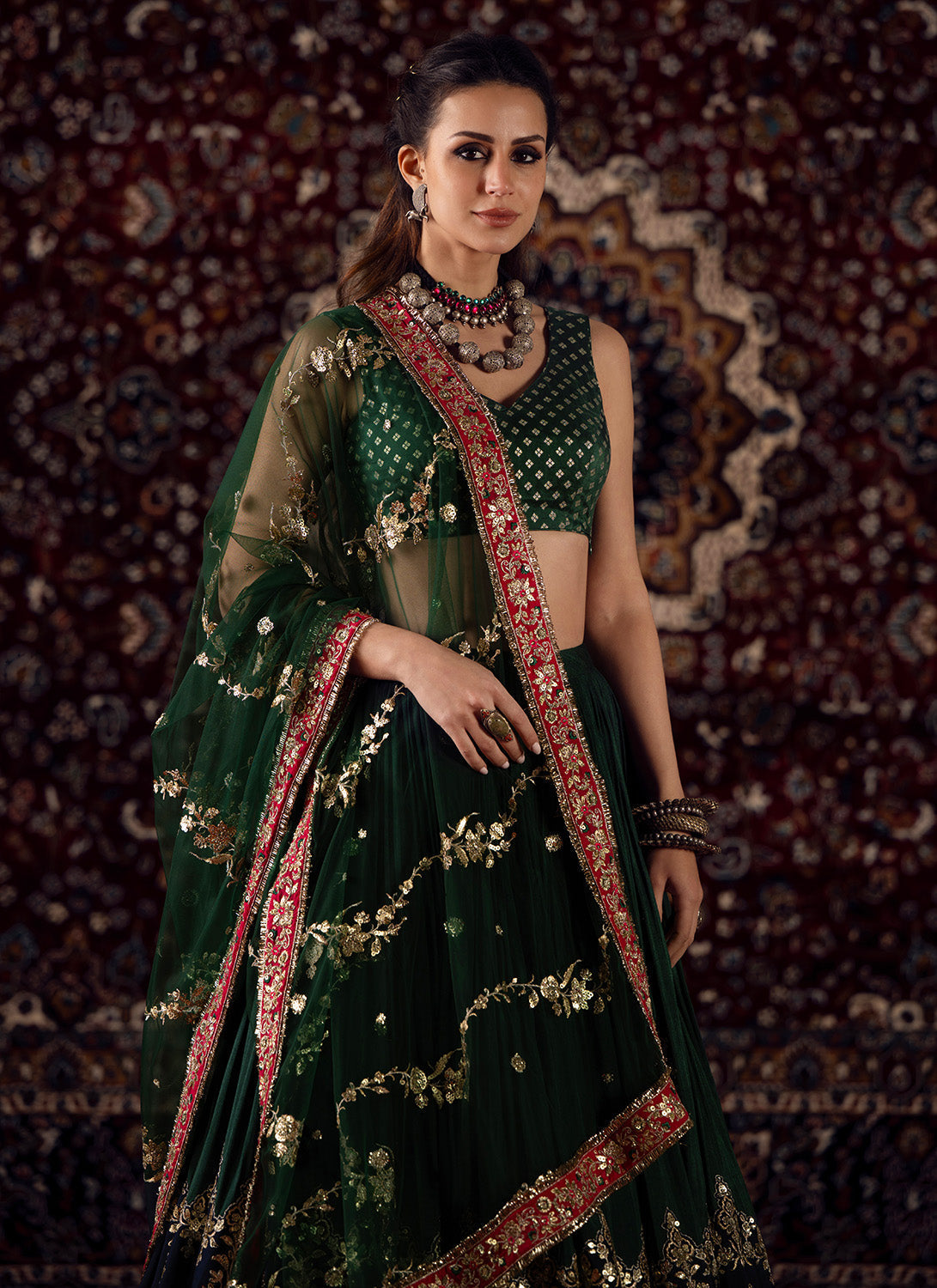Green Embroidered Brocade Lehenga