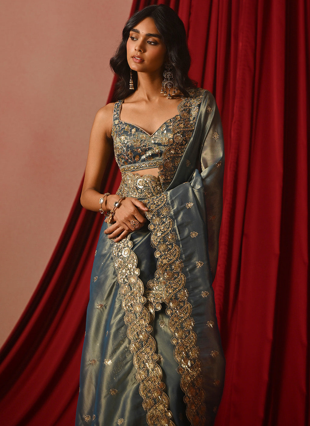 Blue Embroidered Tissue Saree