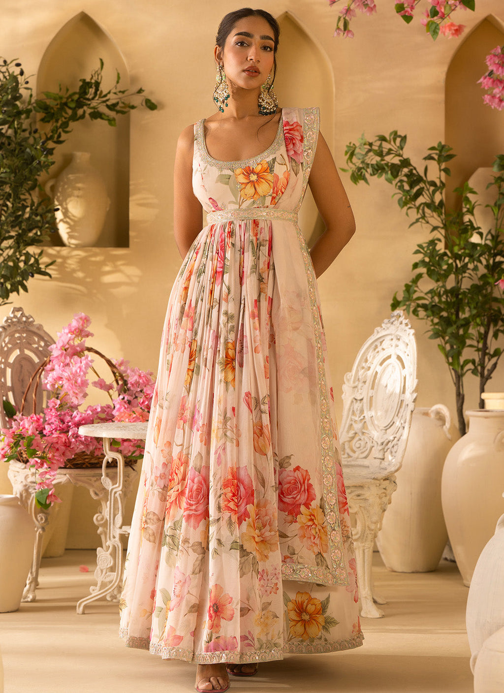 Off White Floral Embroidered Organza Anarkali
