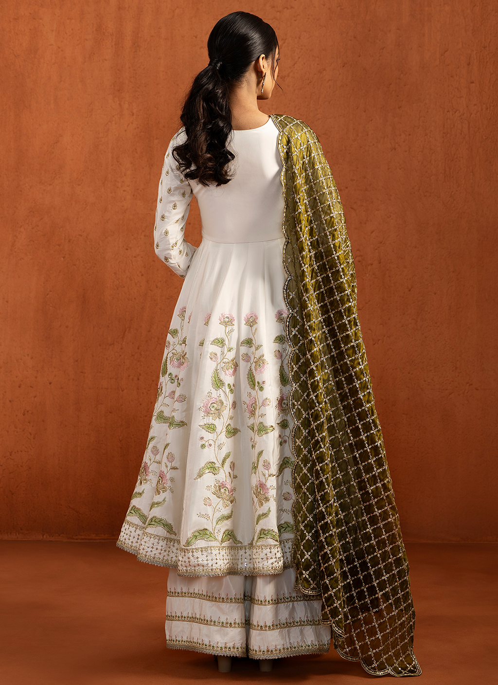 White and Olive Embroidered Anarkali Style Palazzo