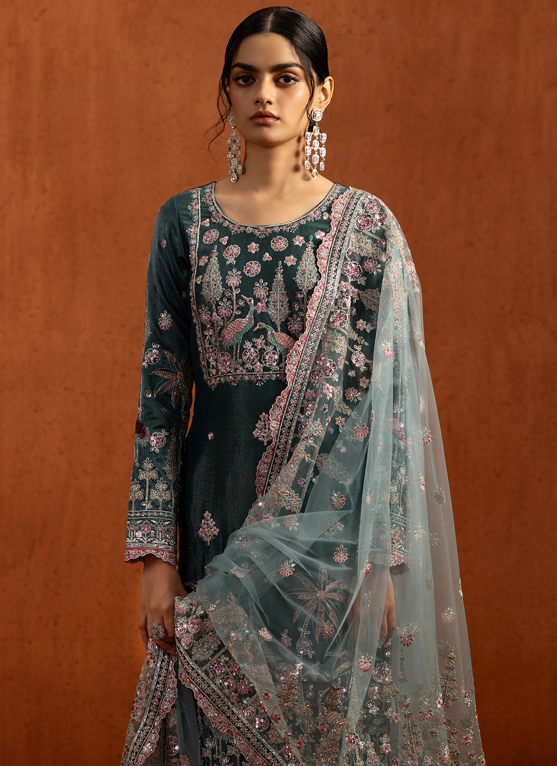 Teal Blue Embroidered Viscose Tissue Pant Suit