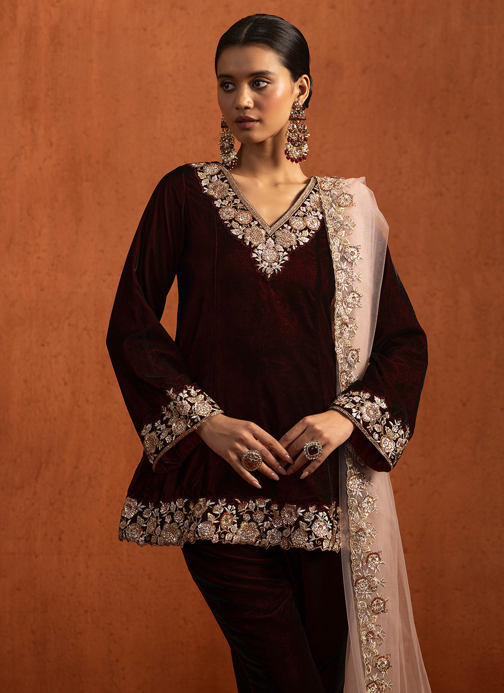 Maroon Embroidered Velvet Pant Suit
