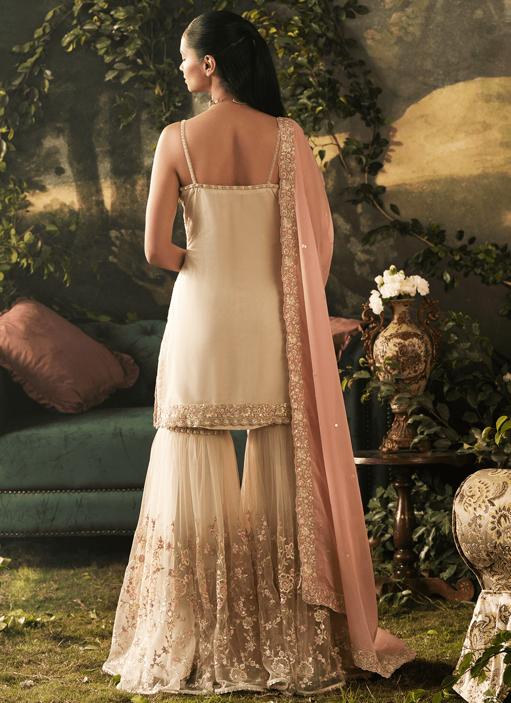 Beige and Pink Embroidered Net Gharara
