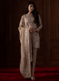 Beige Embroidered Viscose Organza Pant Suit