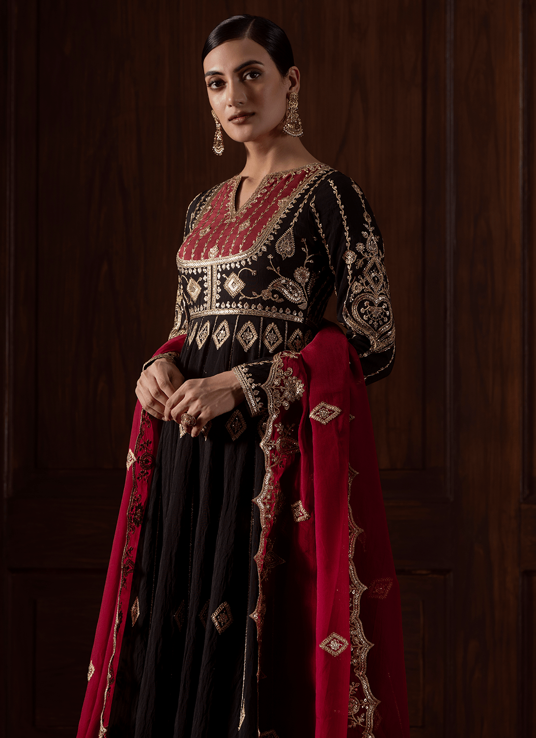 Black and Red Embroidered Chanderi Anarkali