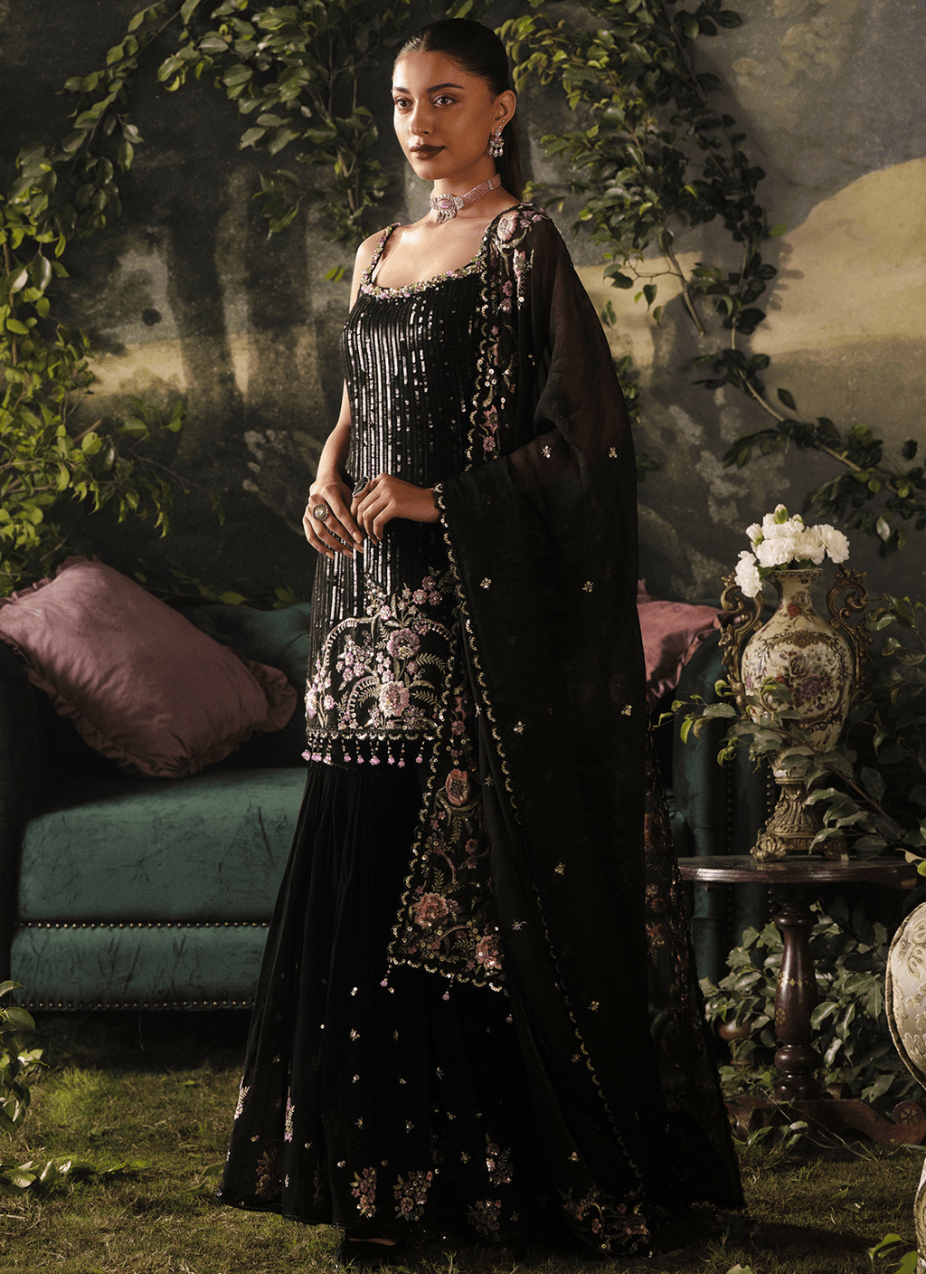 Black Embroidered Viscose Georgette Sharara