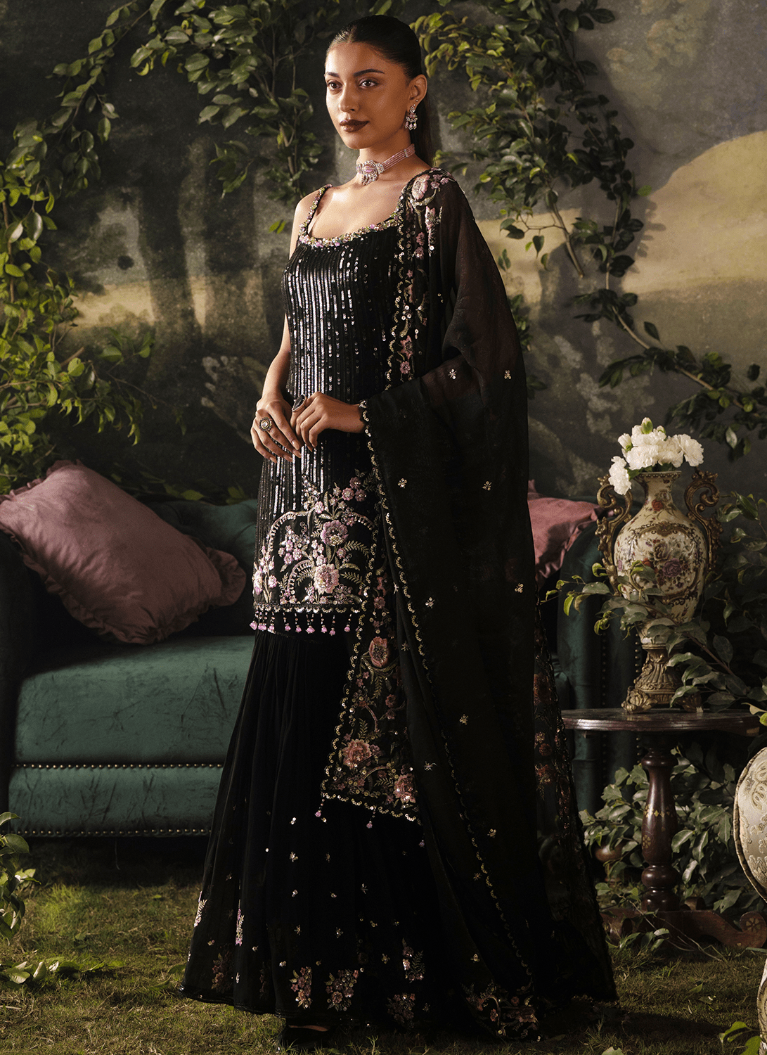 Black Embroidered Viscose Georgette Sharara