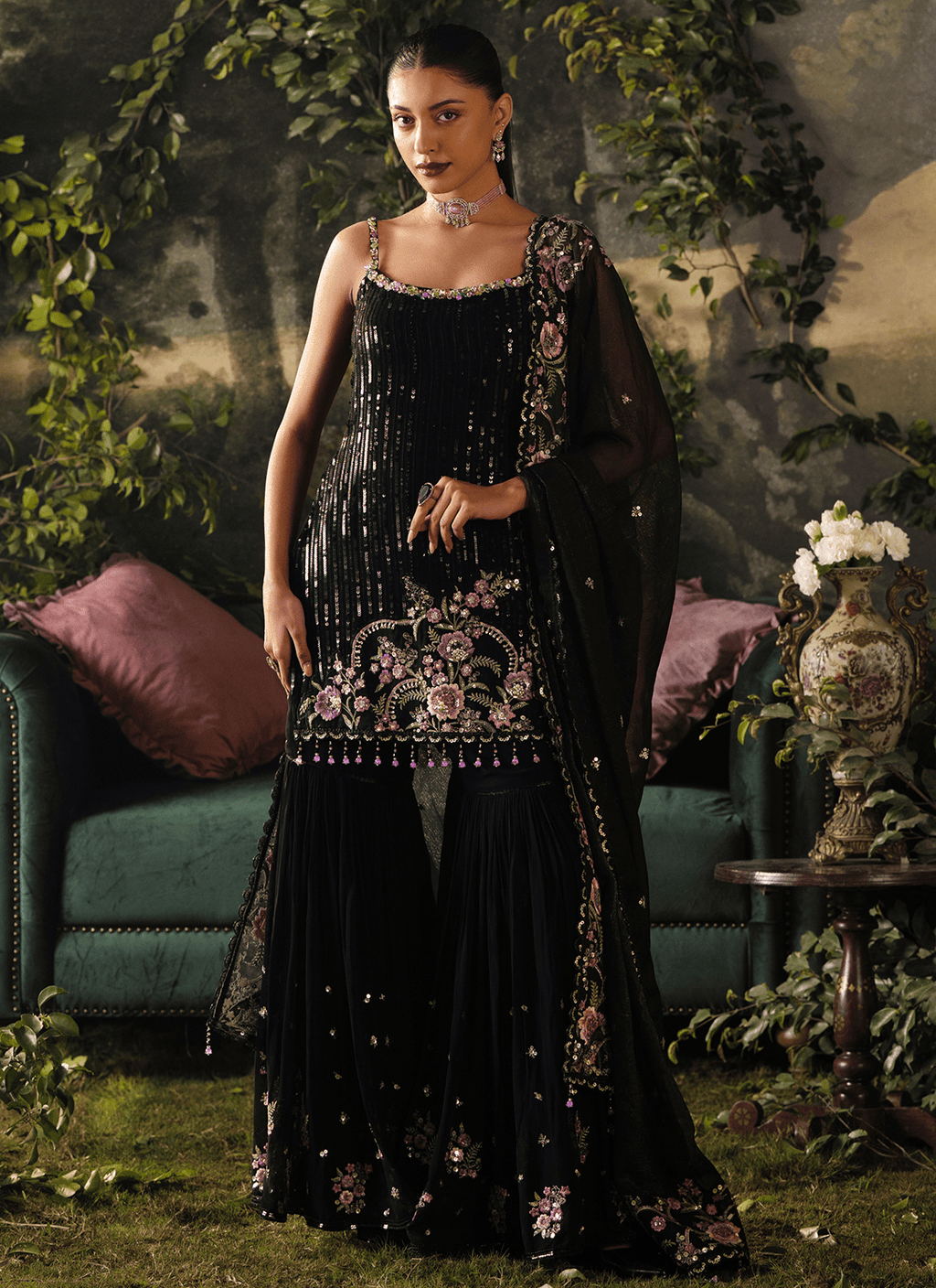 Black Embroidered Viscose Georgette Sharara