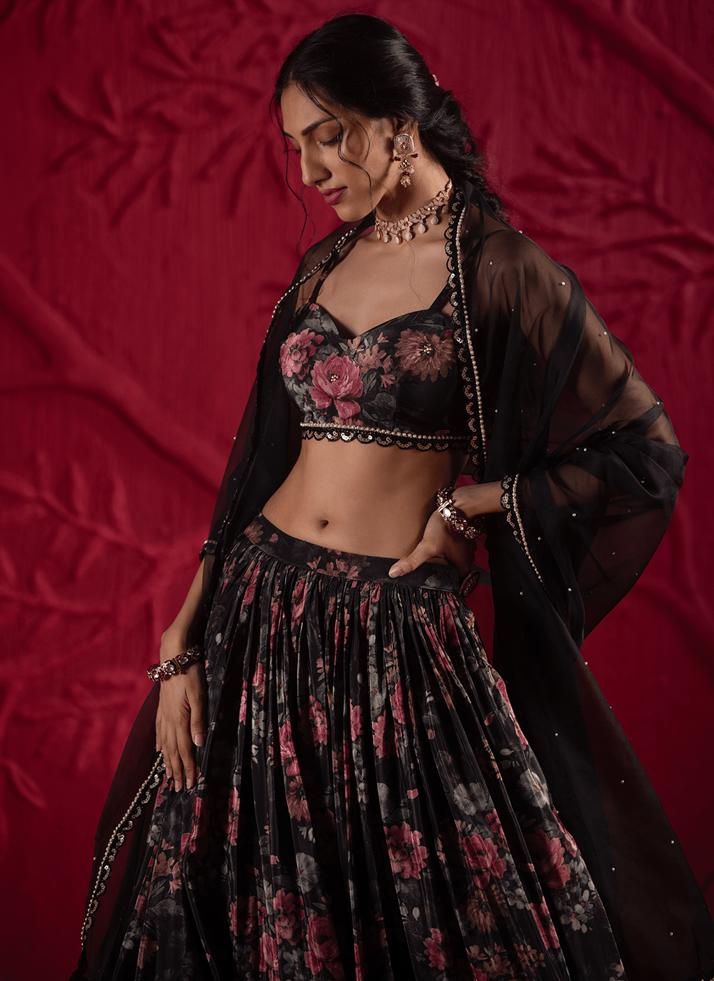 Black Floral Embroidered Crepe Silk Lehenga
