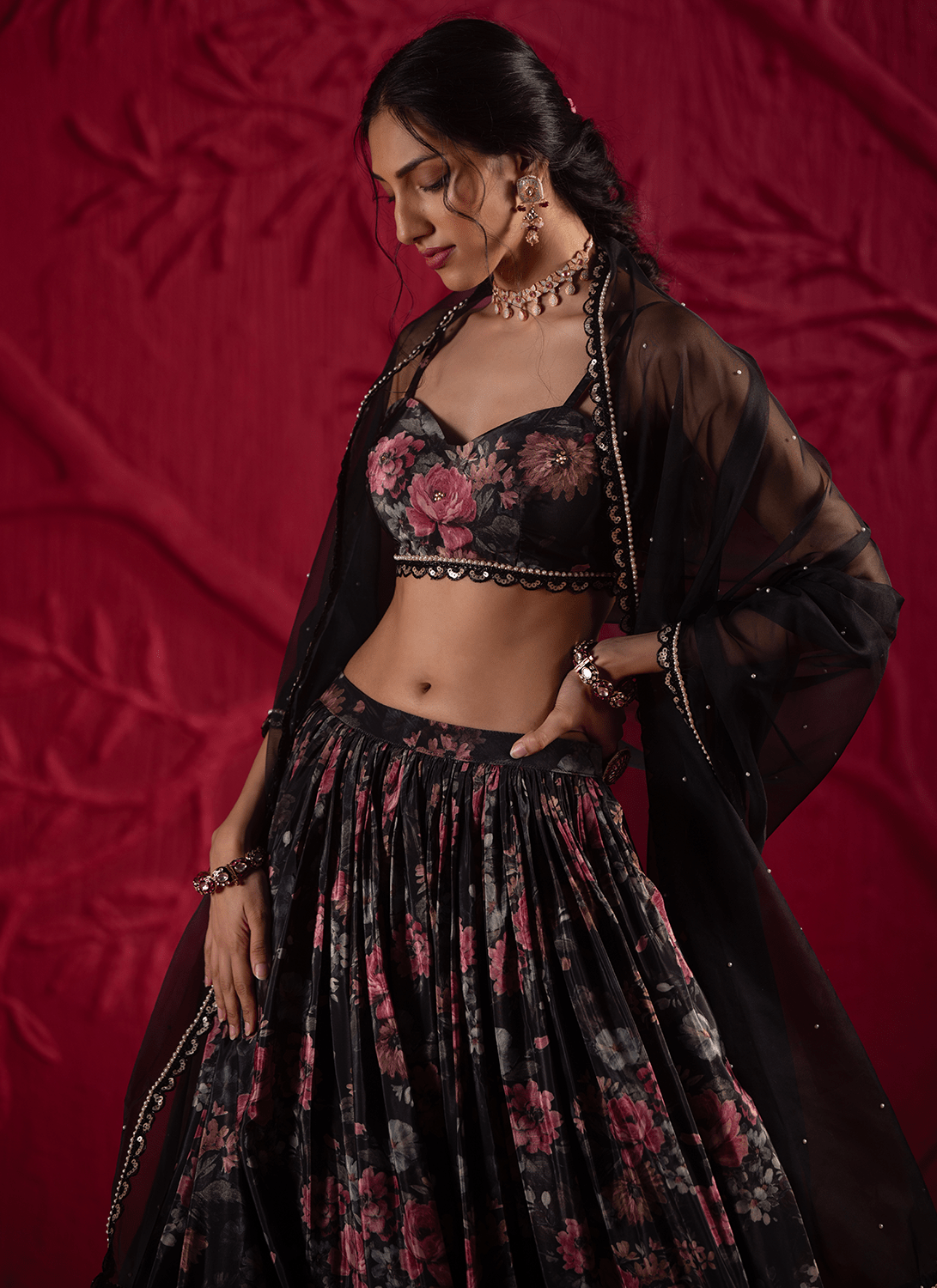 Black Floral Embroidered Crepe Silk Lehenga
