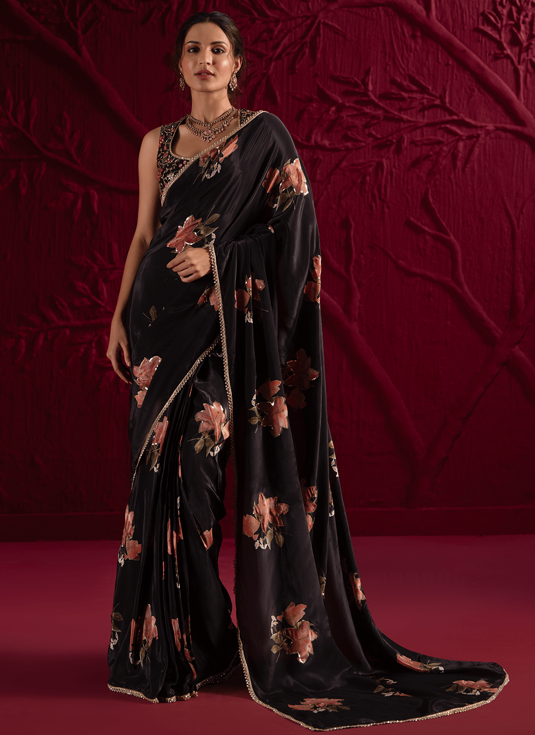 Black Floral Embroidered Crepe Silk Saree