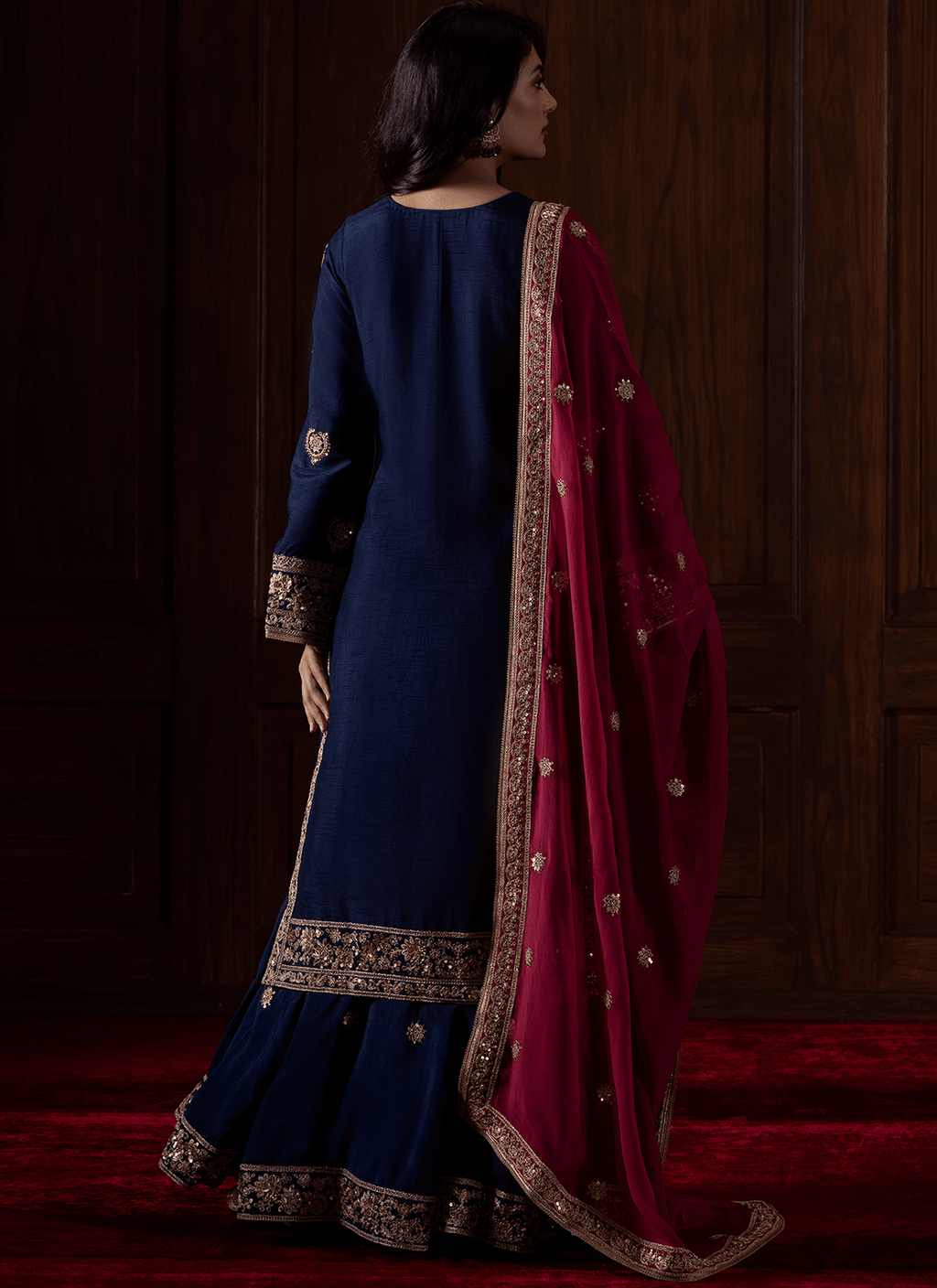 Blue and Magenta Embroidered Silk Sharara
