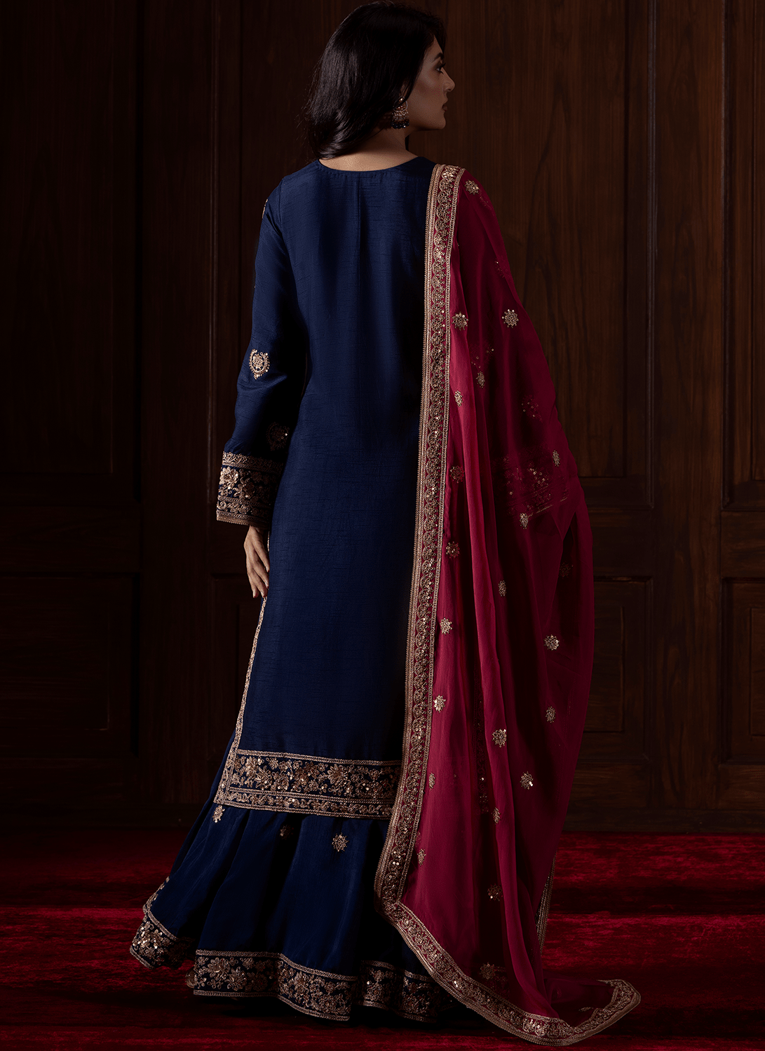 Blue and Magenta Embroidered Silk Sharara