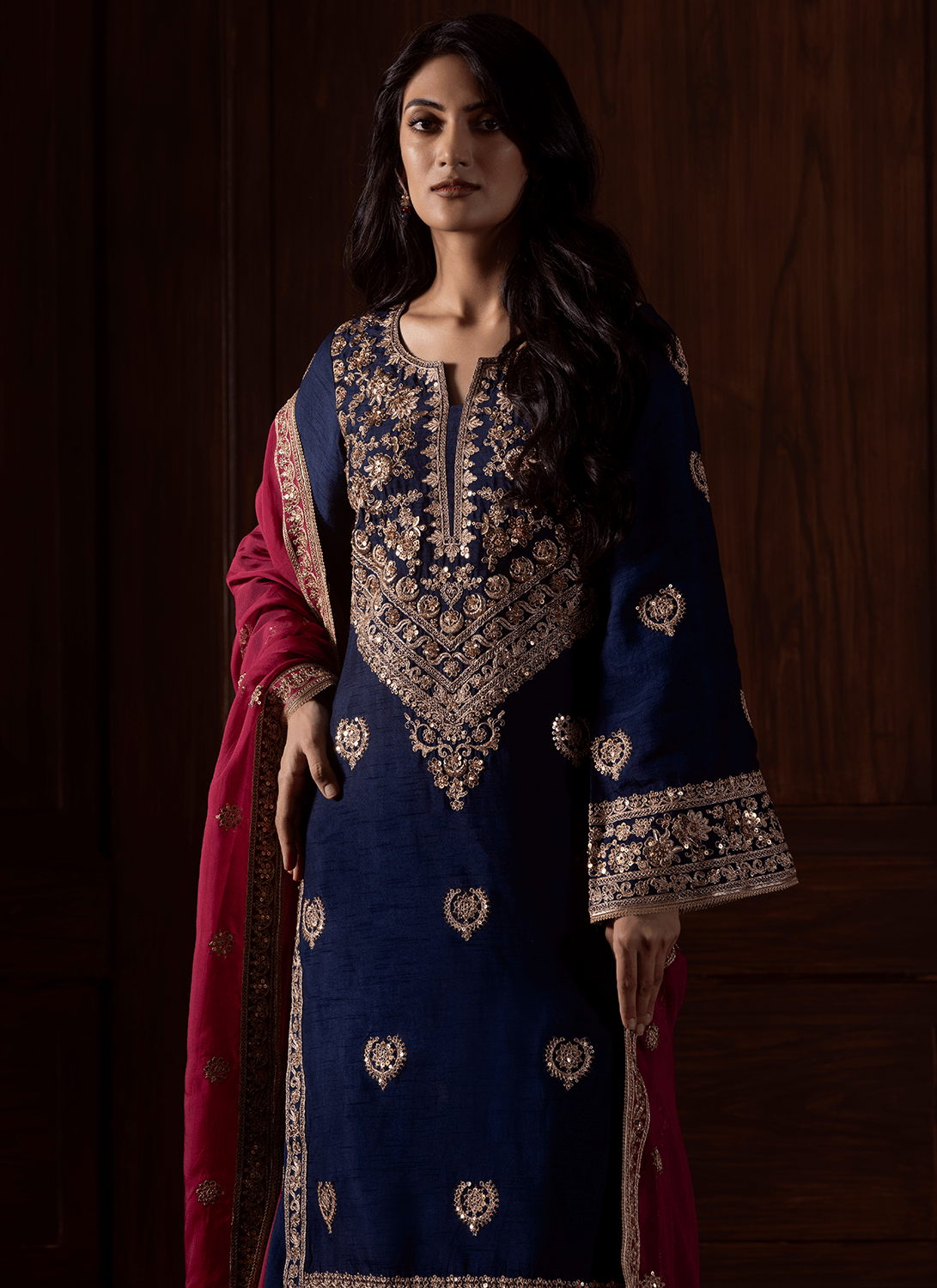Blue and Magenta Embroidered Silk Sharara