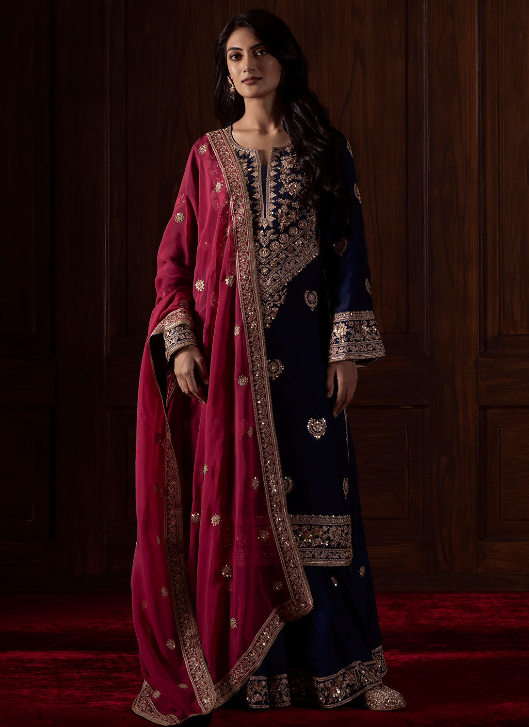 Blue and Magenta Embroidered Silk Sharara