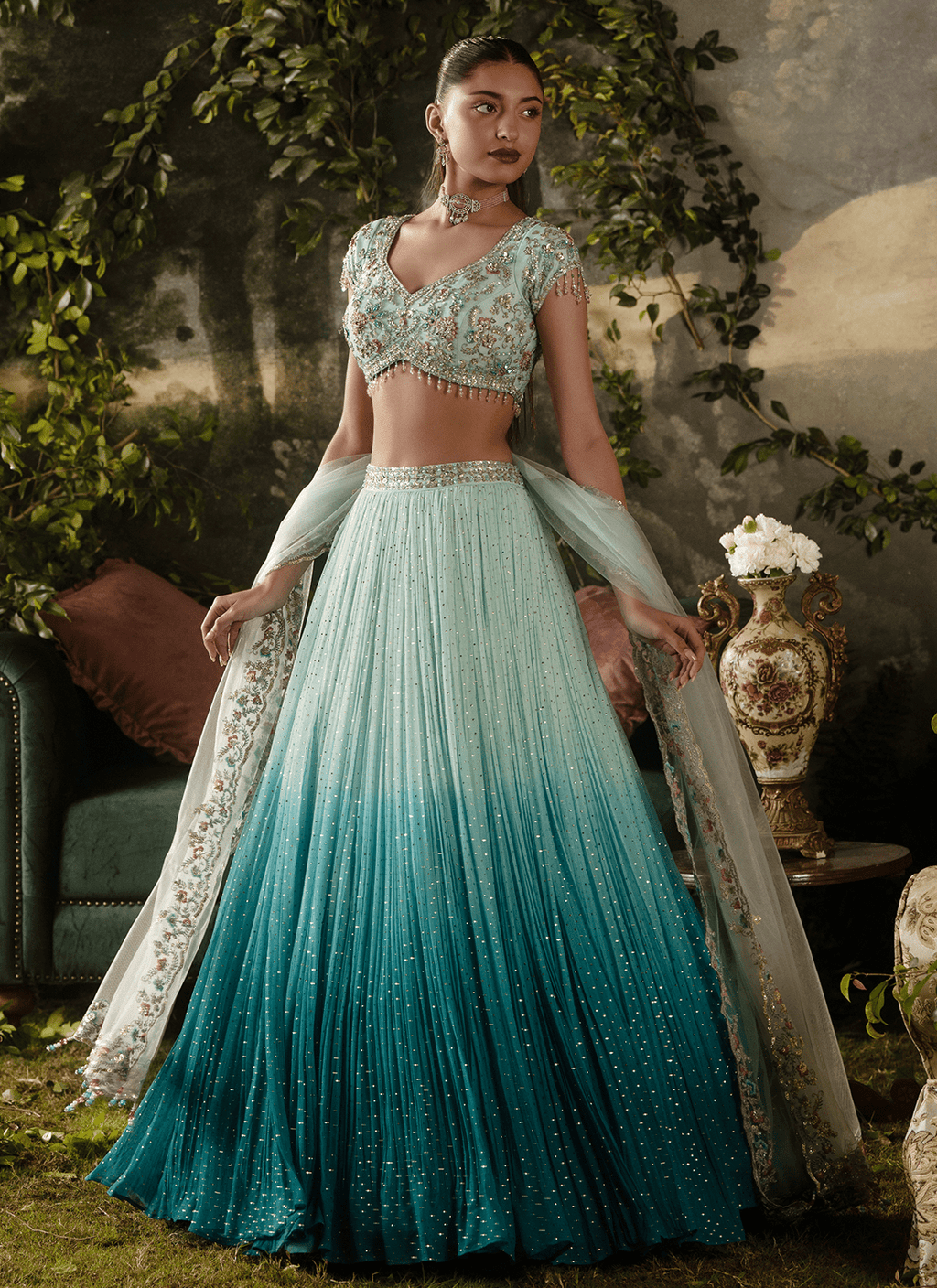 Blue Ombré Embroidered Georgette Lehenga