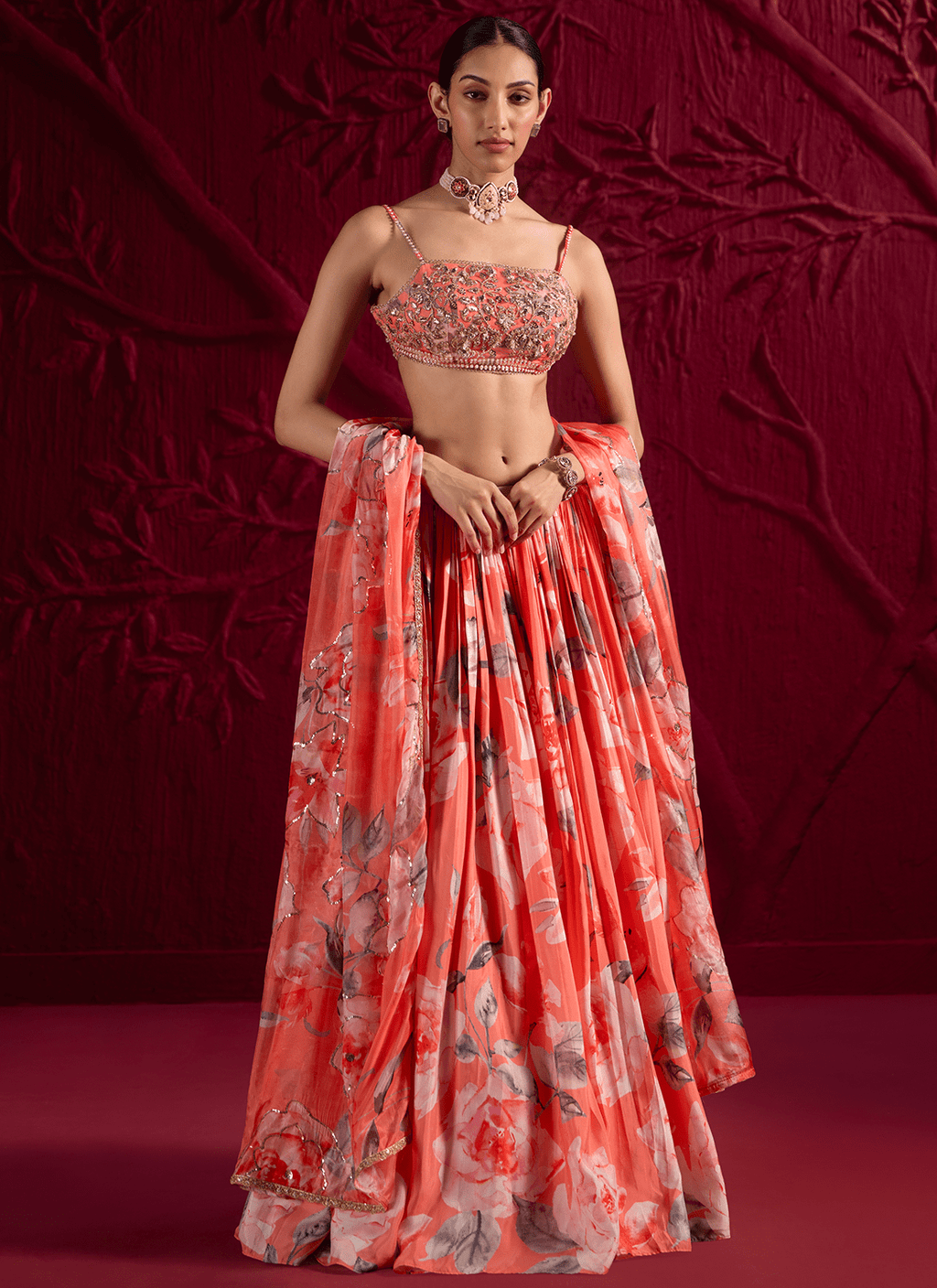 Coral Floral Embroidered Viscose Satin Georgette Lehenga