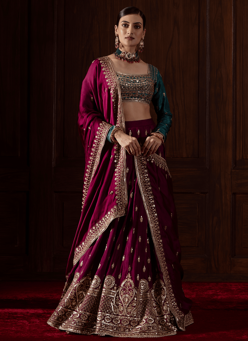 Deep Wine and Teal Embroidered Silk Lehenga