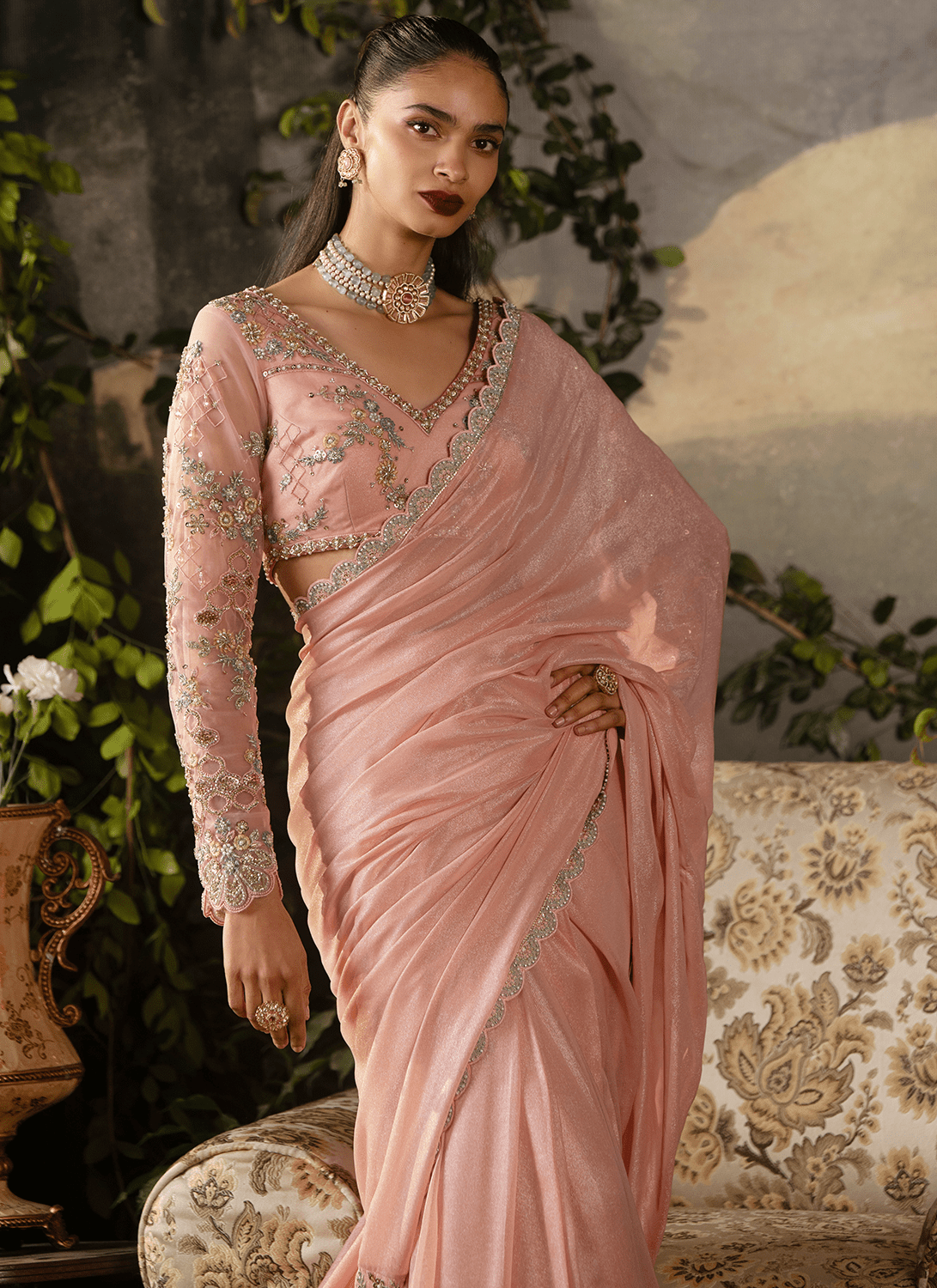 Dusty Peach Embroidered Viscose Georgette Saree