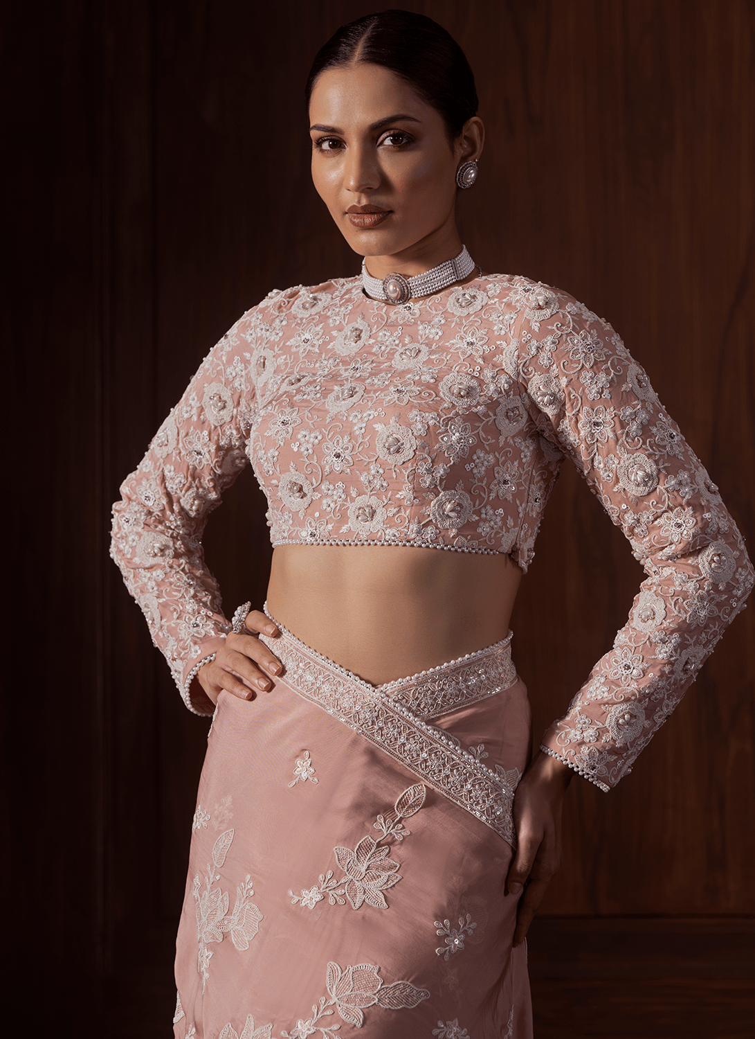 Dusty Peach Embroidered Viscose Organza Saree