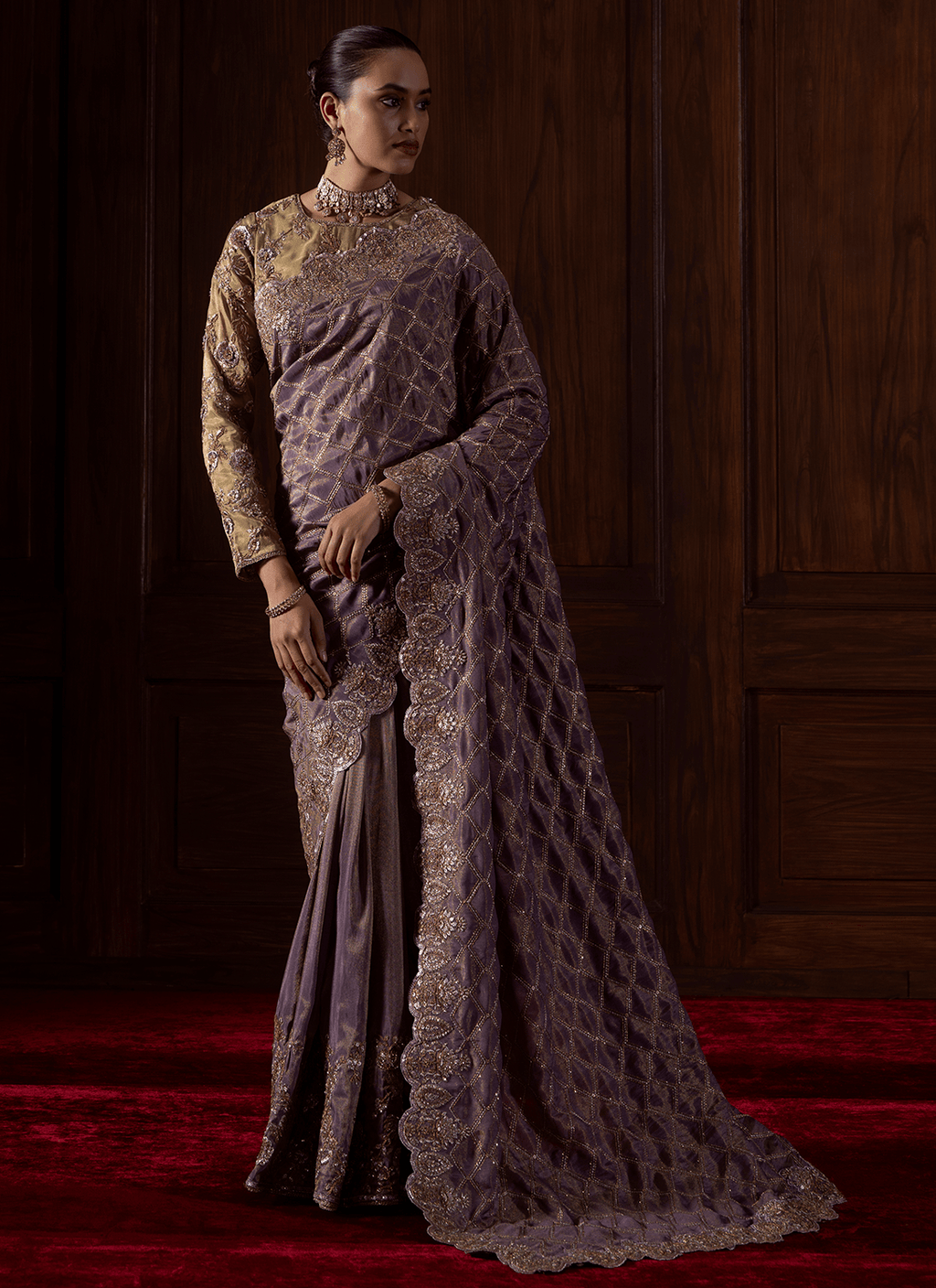 Dusty Purple Embroidered Tissue Organza Saree