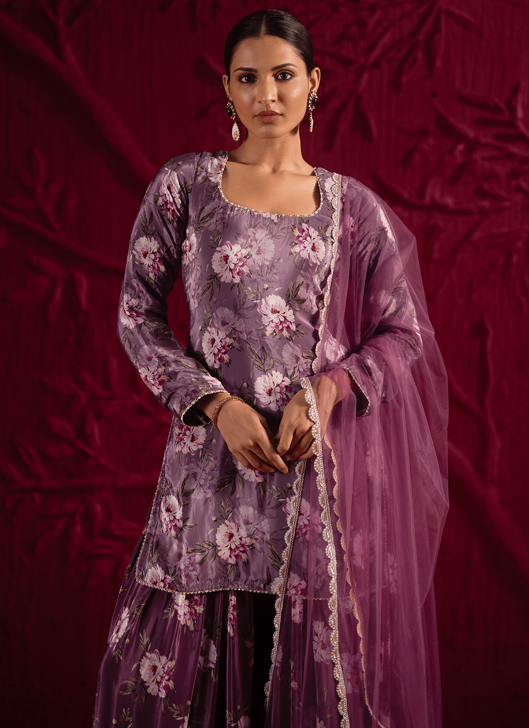 Dusty Purple Floral Embroidered Sharara Suit