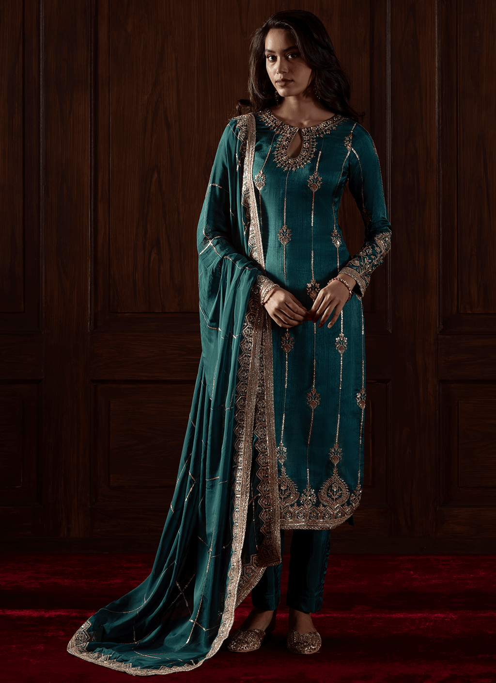 Emerald Green Embroidered Silk Straight Suit