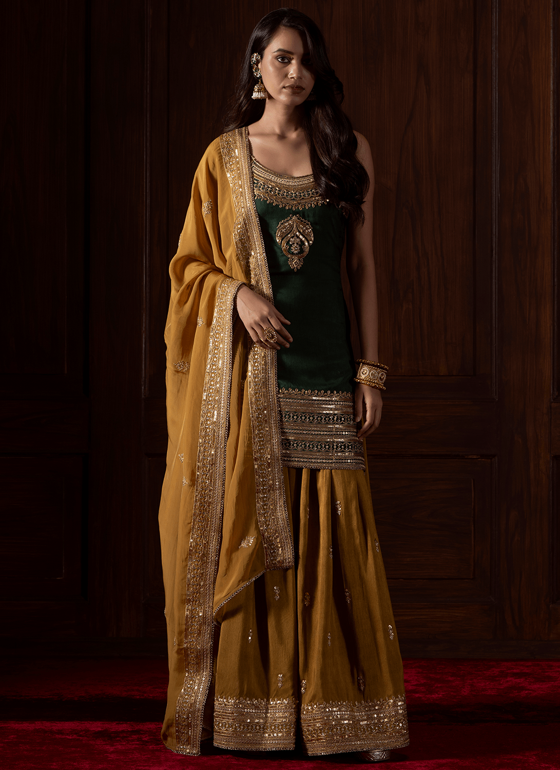 Green and Mustard Embroidered Silk Sharara