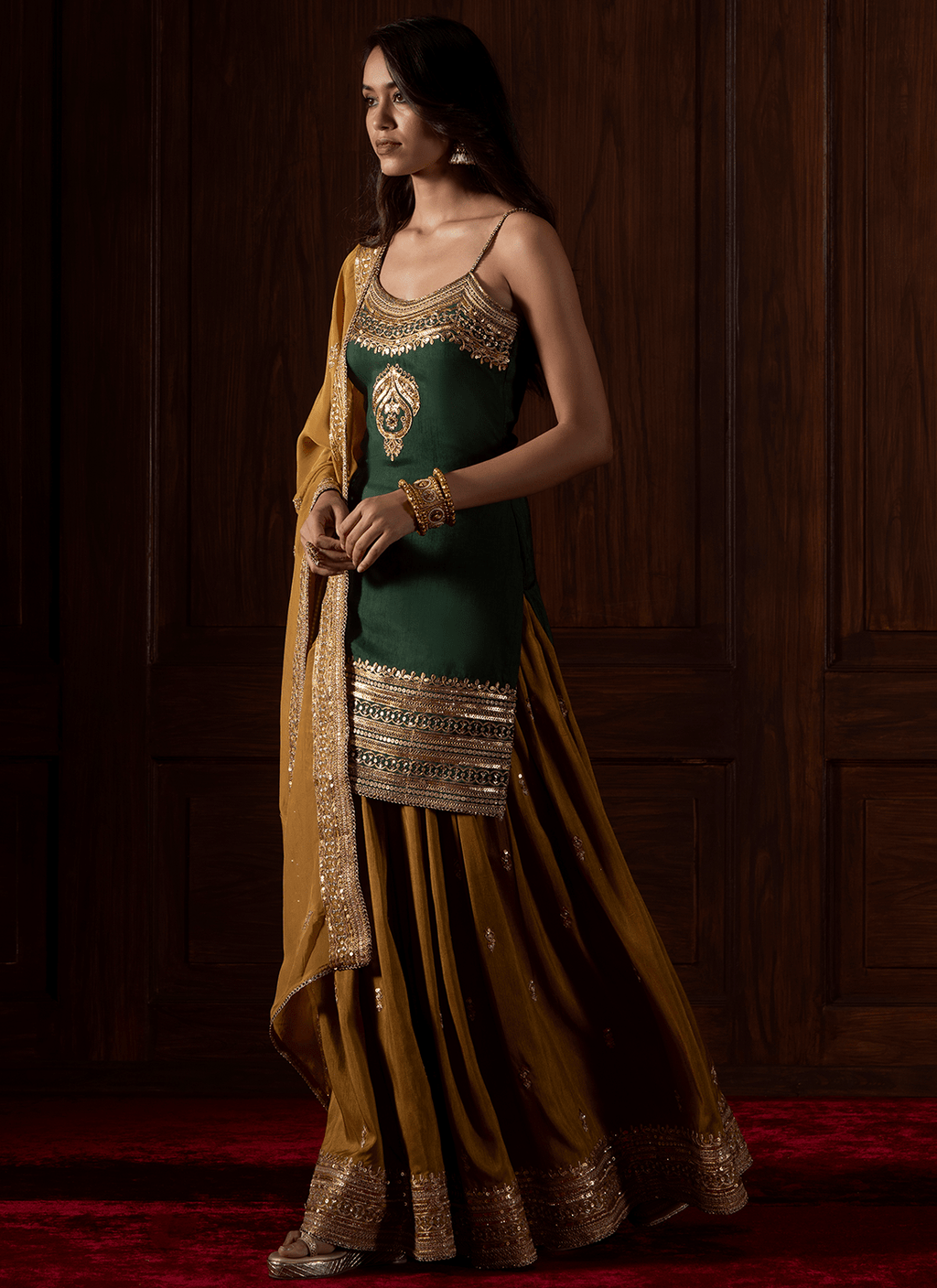 Green and Mustard Embroidered Silk Sharara