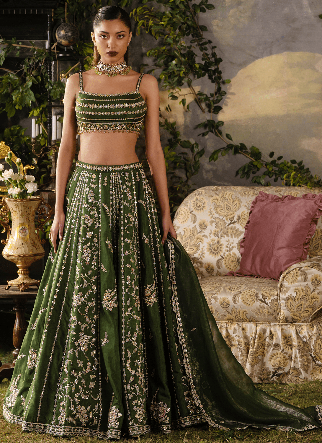 Green Embroidered Silk Lehenga