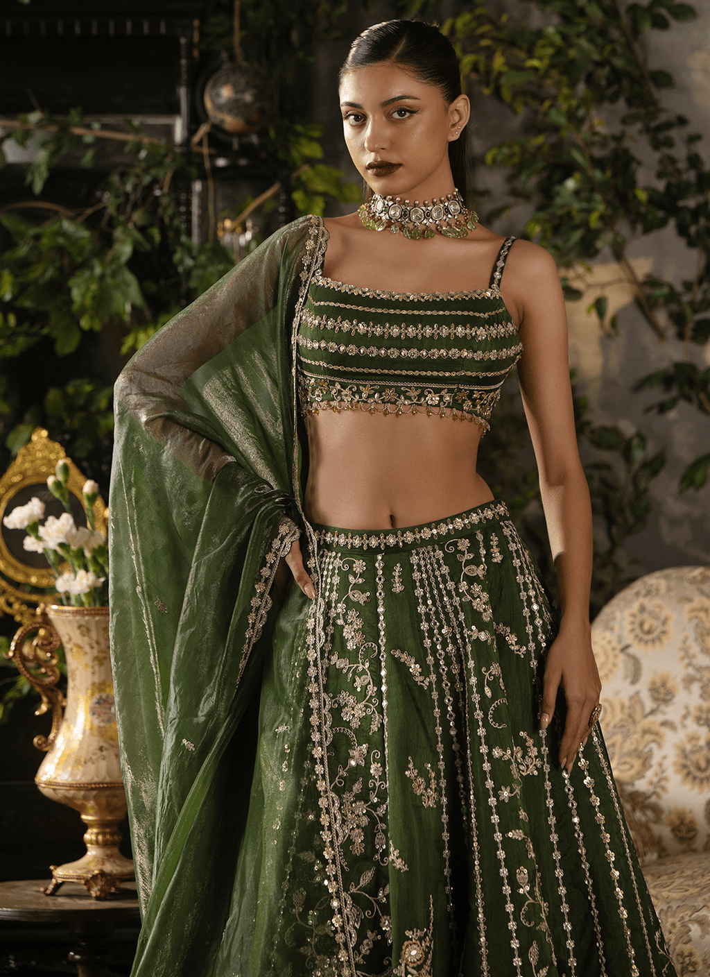 Green Embroidered Silk Lehenga