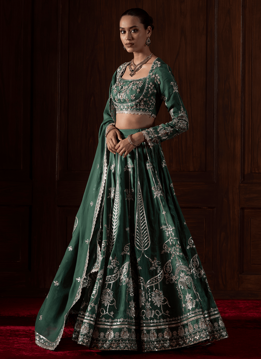 Green Embroidered Silk Lehenga