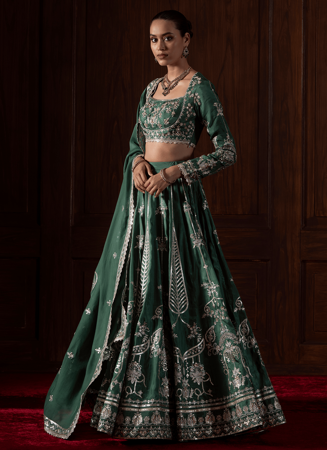 Green Embroidered Silk Lehenga