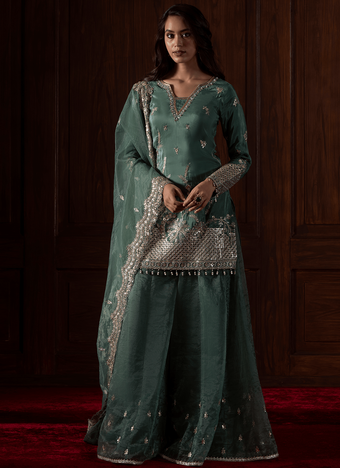 Green Embroidered Silk Sharara