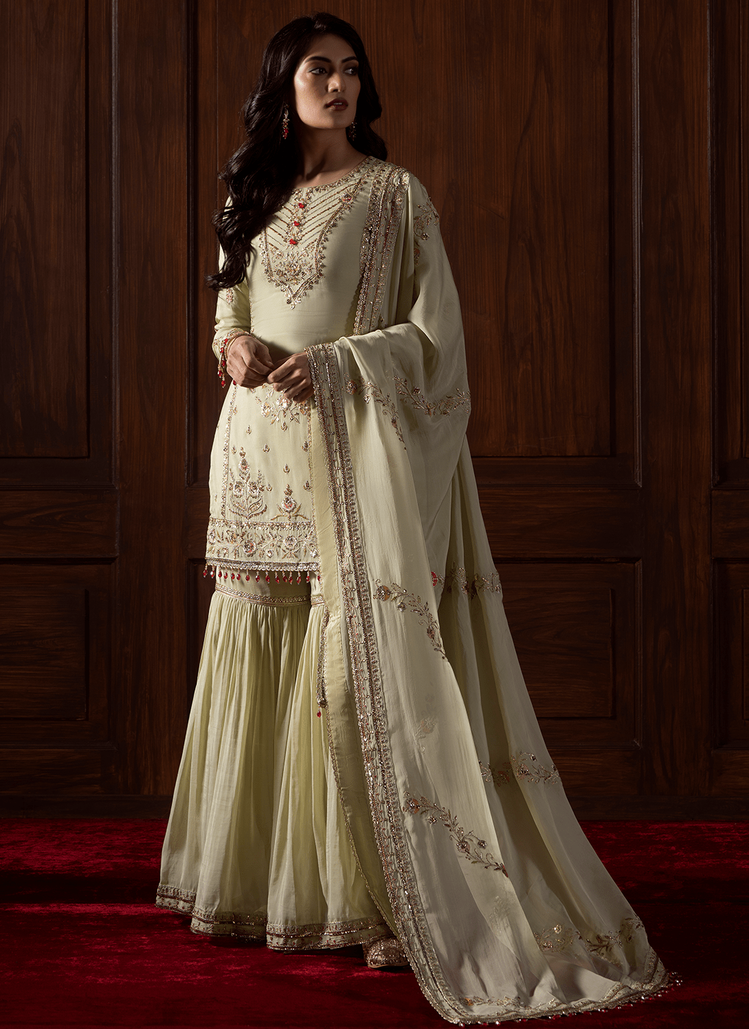 Green Embroidered Viscose Organza Gharara