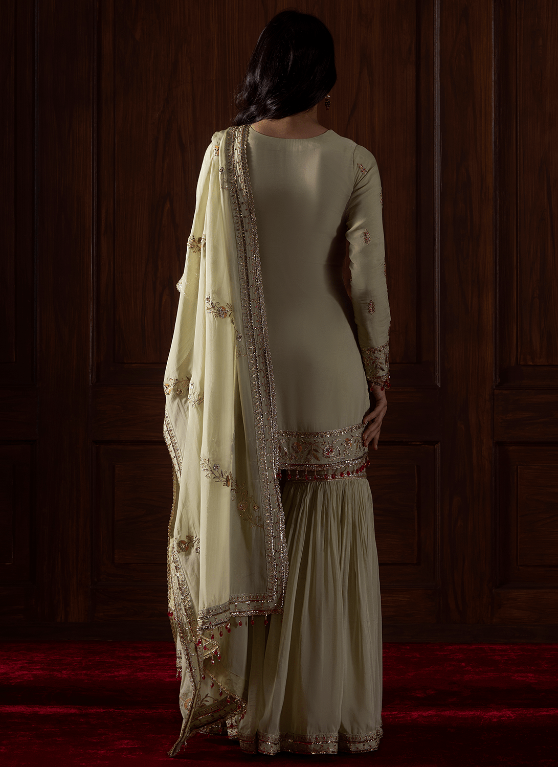 Green Embroidered Viscose Organza Gharara