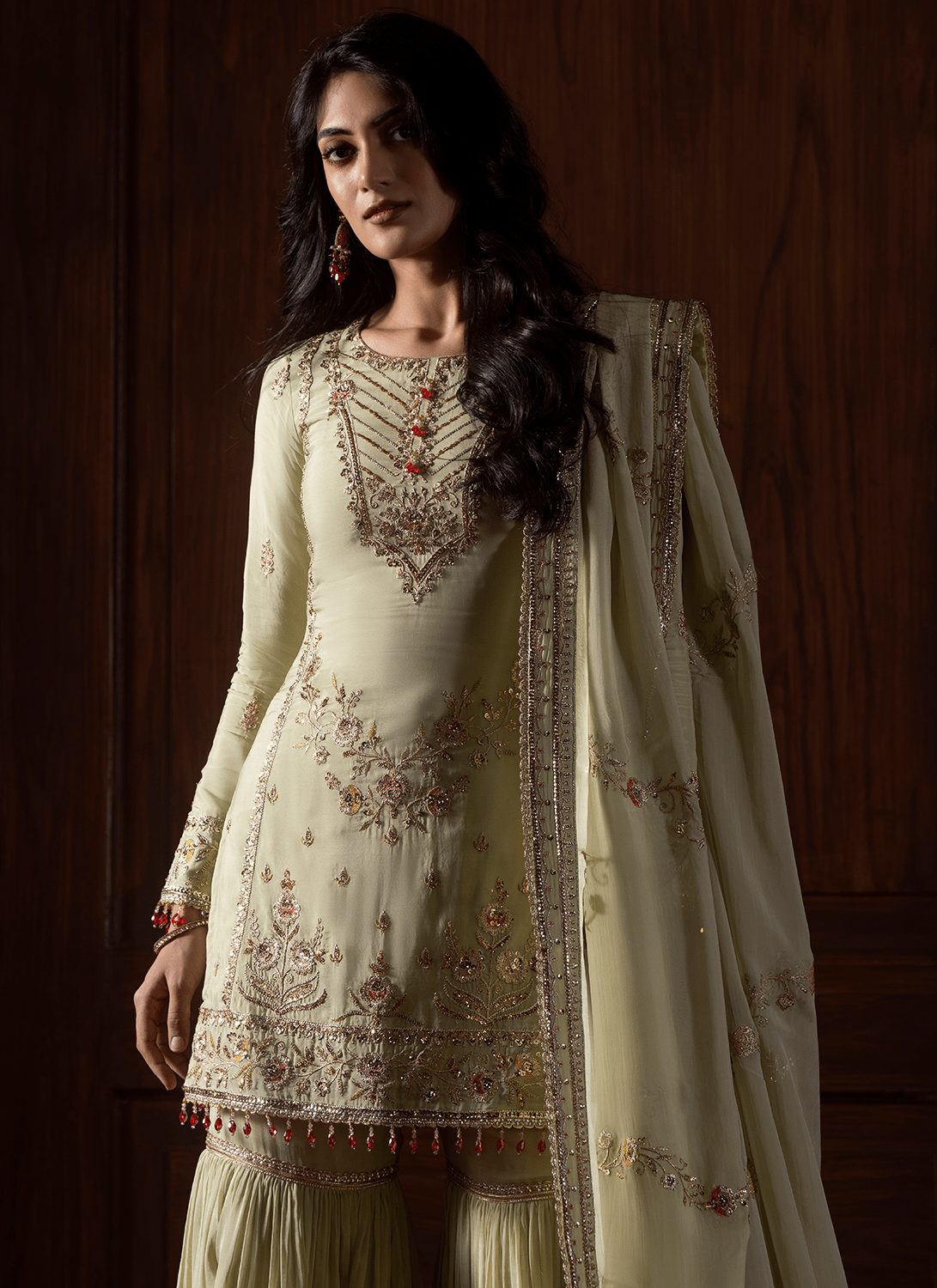 Green Embroidered Viscose Organza Gharara