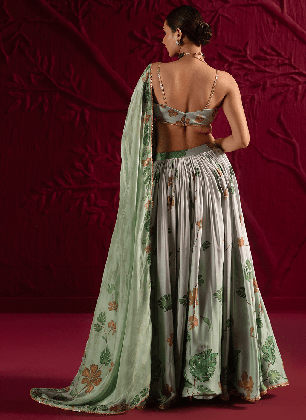Green Floral Embroidered Satin Georgette Lehenga