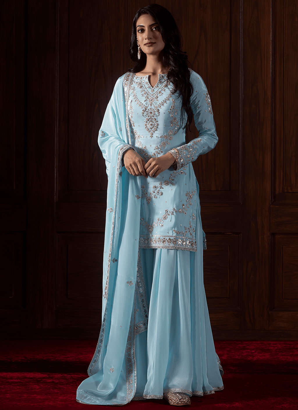 Light Blue Embroidered Crepe Sharara