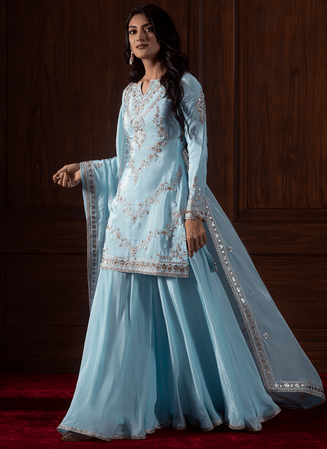 Light Blue Embroidered Crepe Sharara