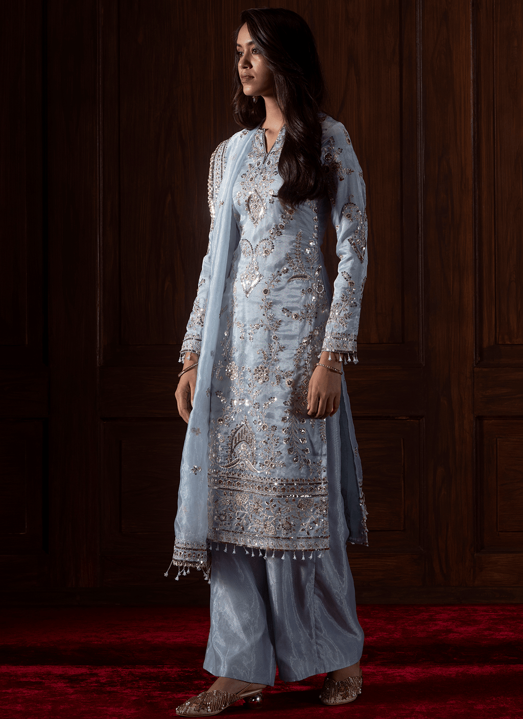 Light Blue Embroidered Silk Palazzo Suit