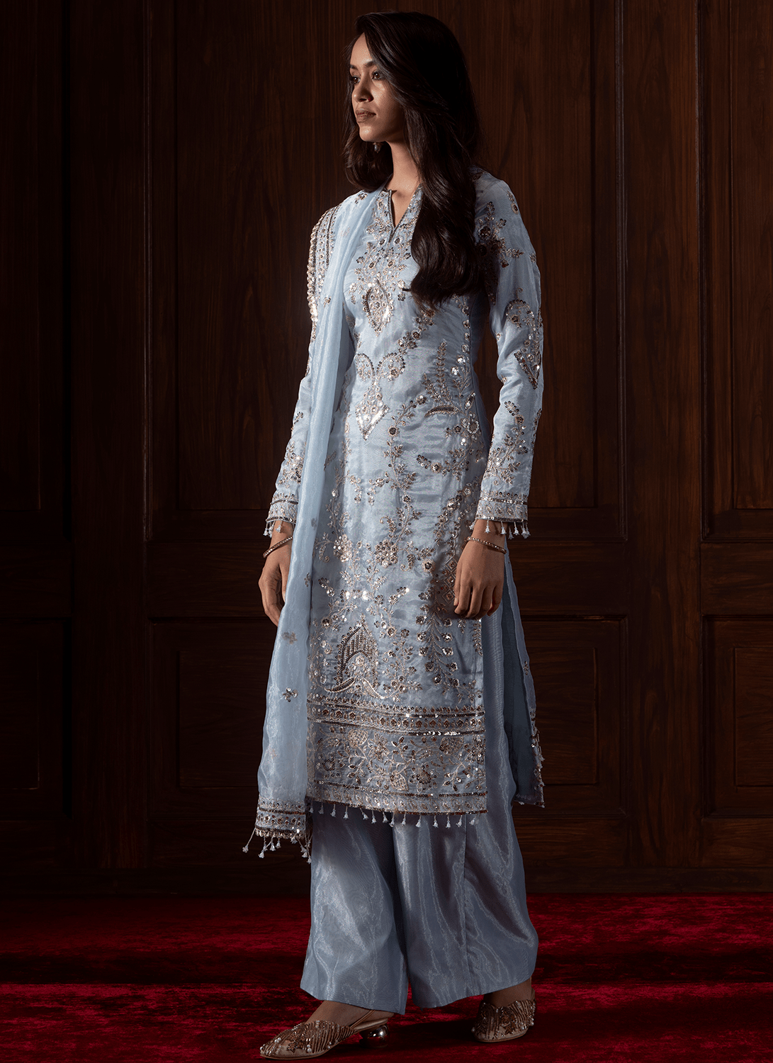 Light Blue Embroidered Silk Palazzo Suit